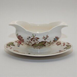 Vintage Windsor Ware Wakefield 9" Ceramic Gravy Boat & Saucer Floral Design